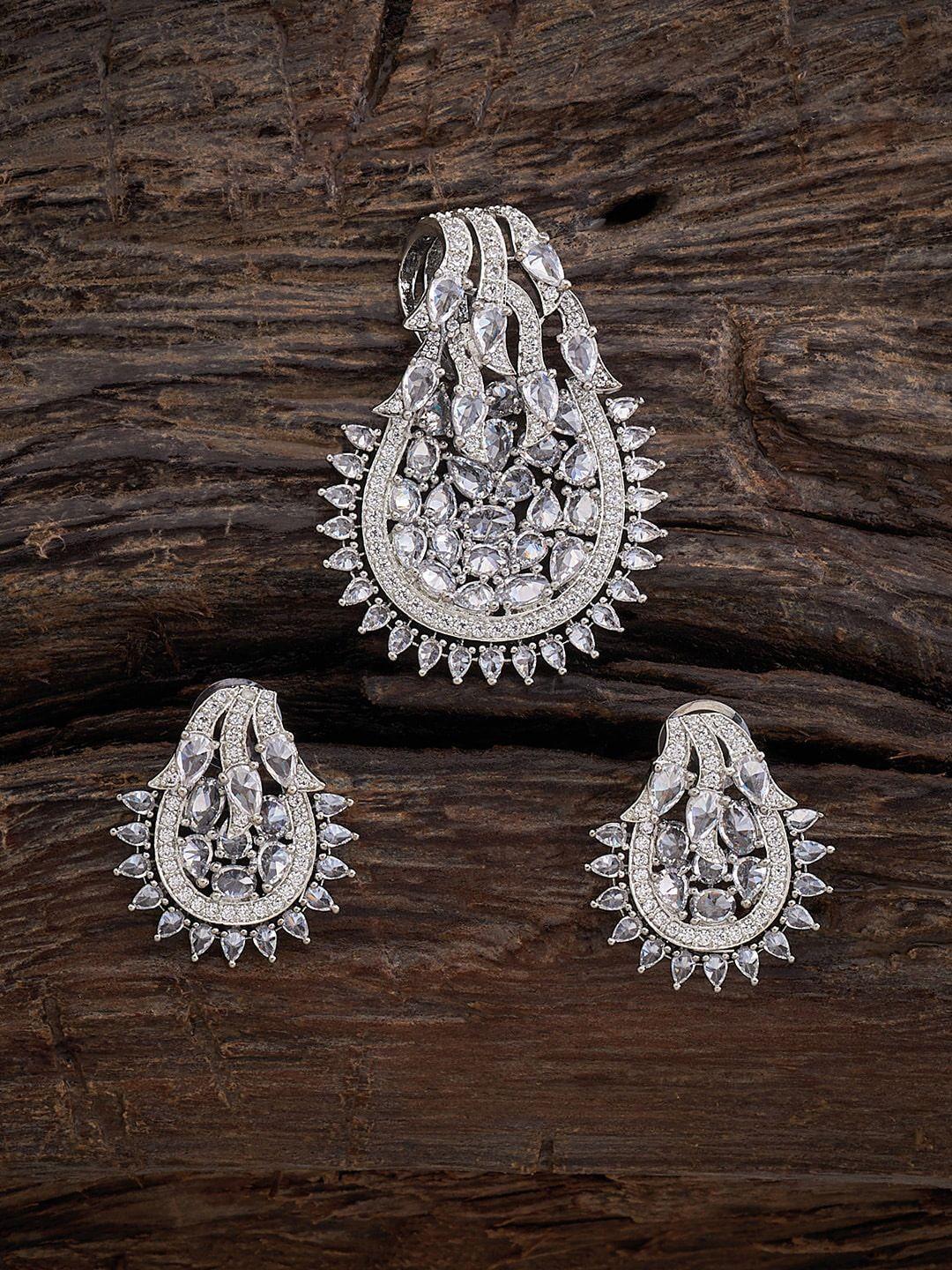 kushal's fashion jewellery rhodium-plated cz-studded pendant with earrings