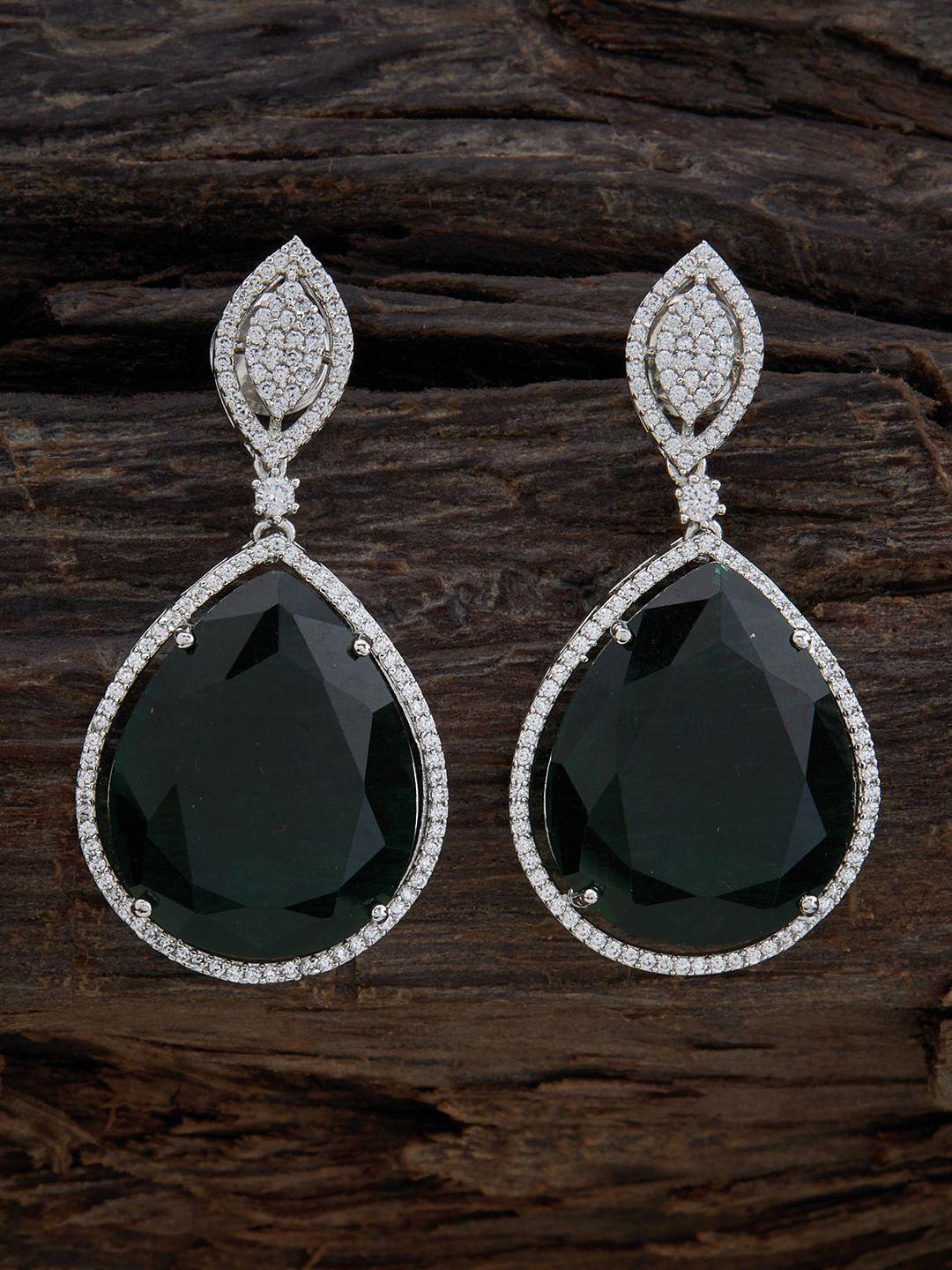 kushal's fashion jewellery rhodium-plated teardrop shaped drop earrings