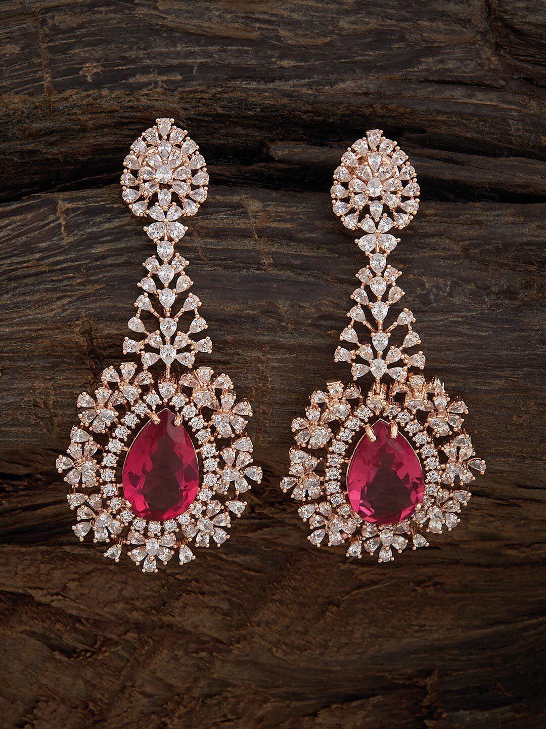 kushal's fashion jewellery rose gold plated cz studded teardrop shaped drop earrings