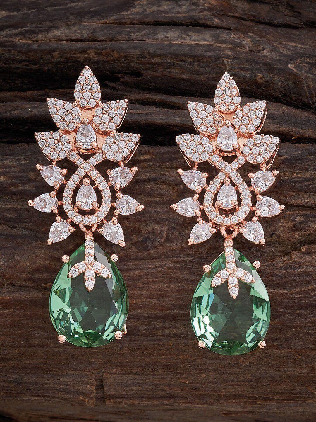 kushal's fashion jewellery rose gold-plated leaf shaped cz drop earrings