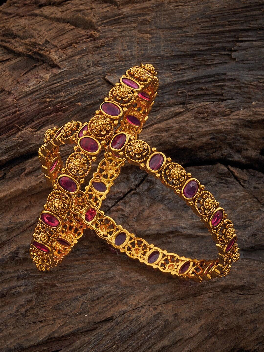 kushal's fashion jewellery set of 2 gold-plated ruby-studded antique bangles