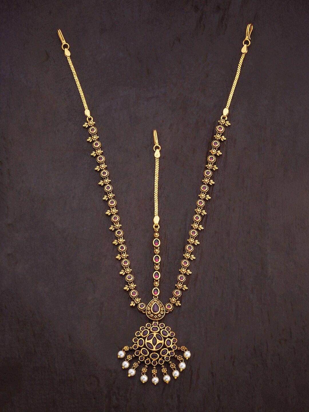 kushal's fashion jewellery gold-plated stone-studded & beaded layered matha patti