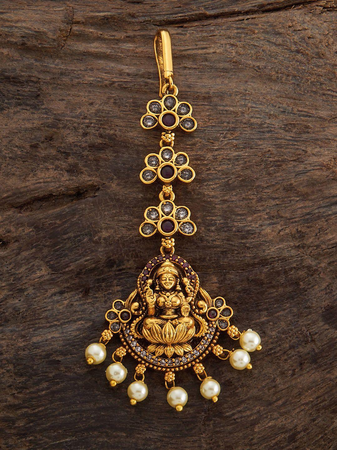 kushal's fashion jewellery gold-plated stone-studded & beaded maang tikka