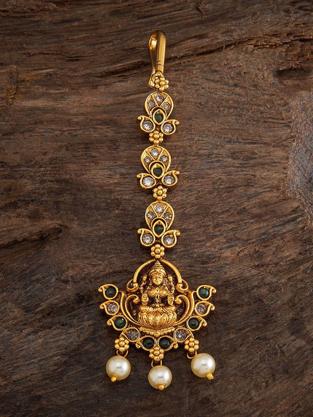 kushal's fashion jewellery gold-plated stone-studded & pearls-beaded temple maang tikka