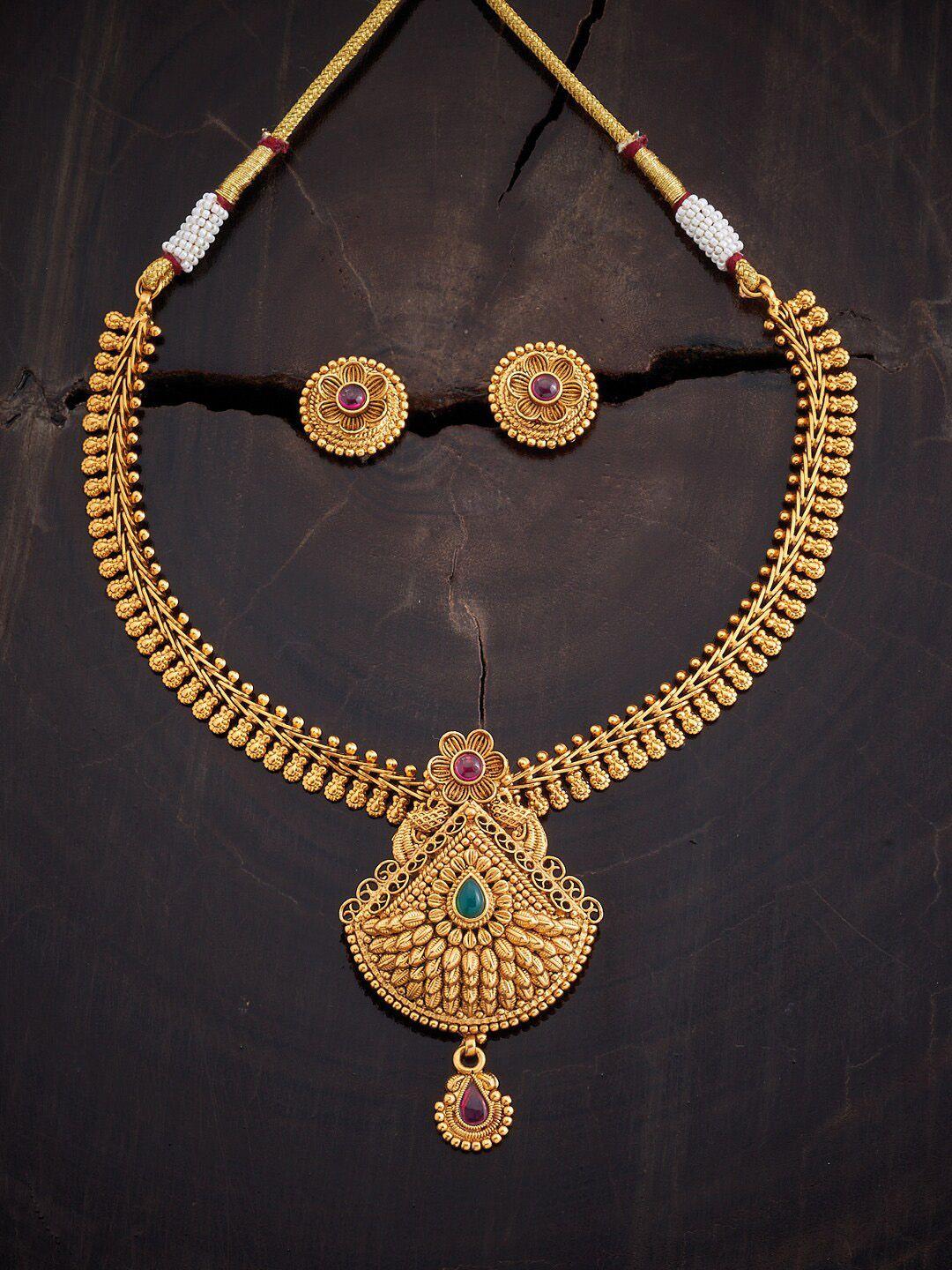 kushal's fashion jewellery gold-plated stone-studded necklace and earrings