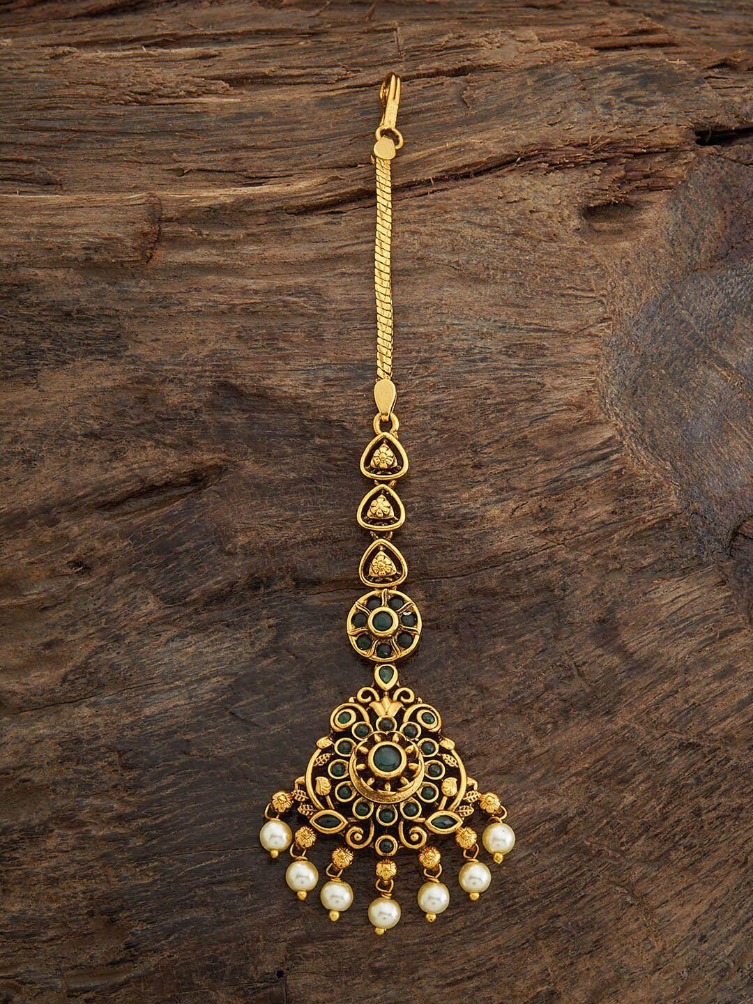 kushal's fashion jewellery gold-plated stones & beads studded ethnic antique maang tikka