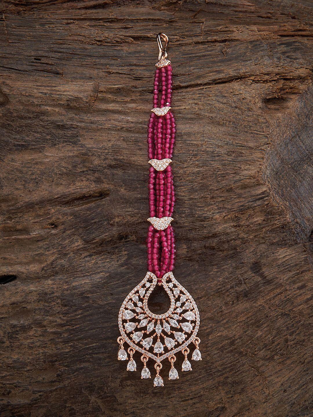 kushal's fashion jewellery gold-plated zircone stone-studded & pearls-beaded maangtikka