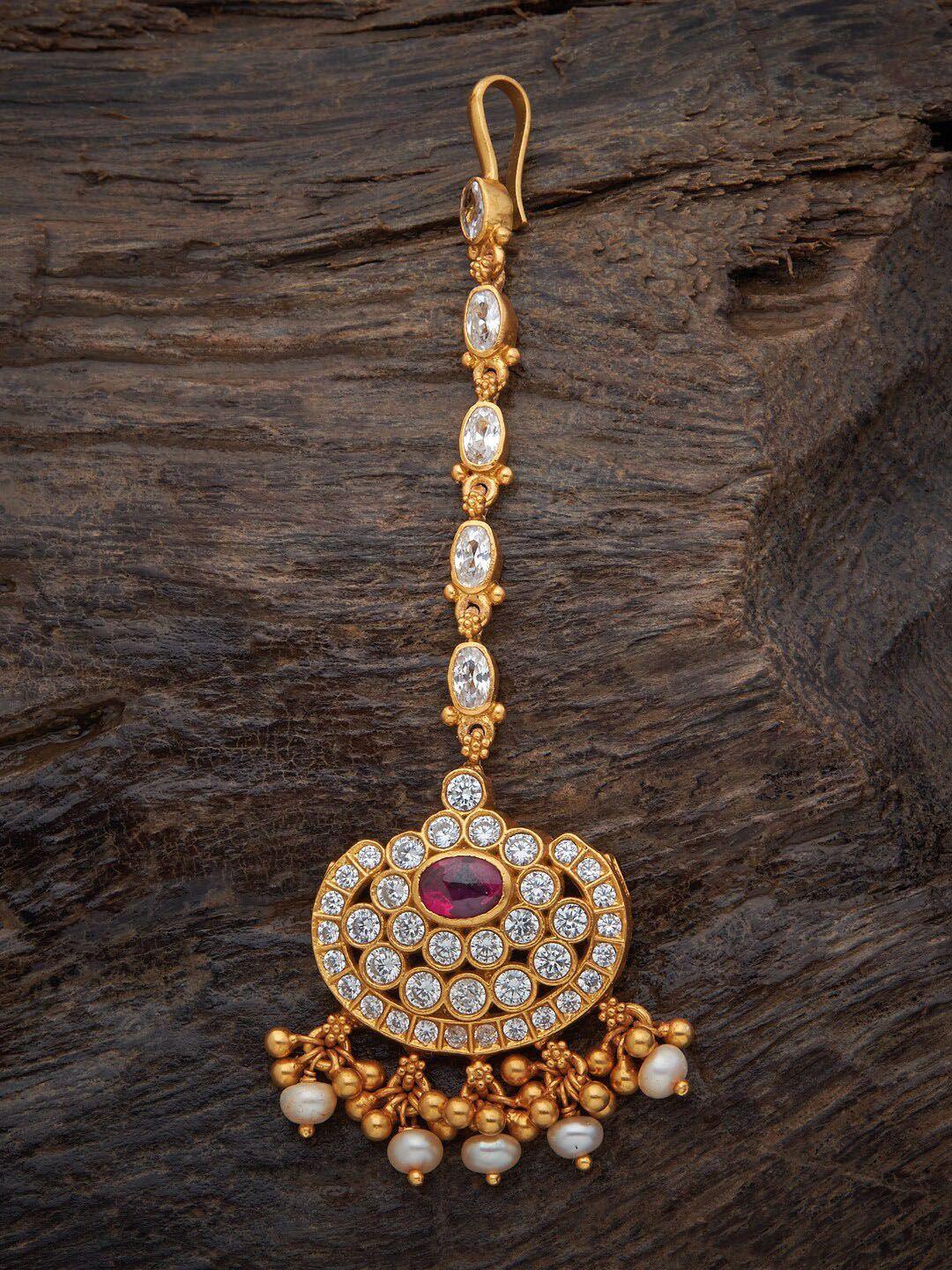 kushal's fashion jewellery gold-toned red stone-studded & beaded maang tikka