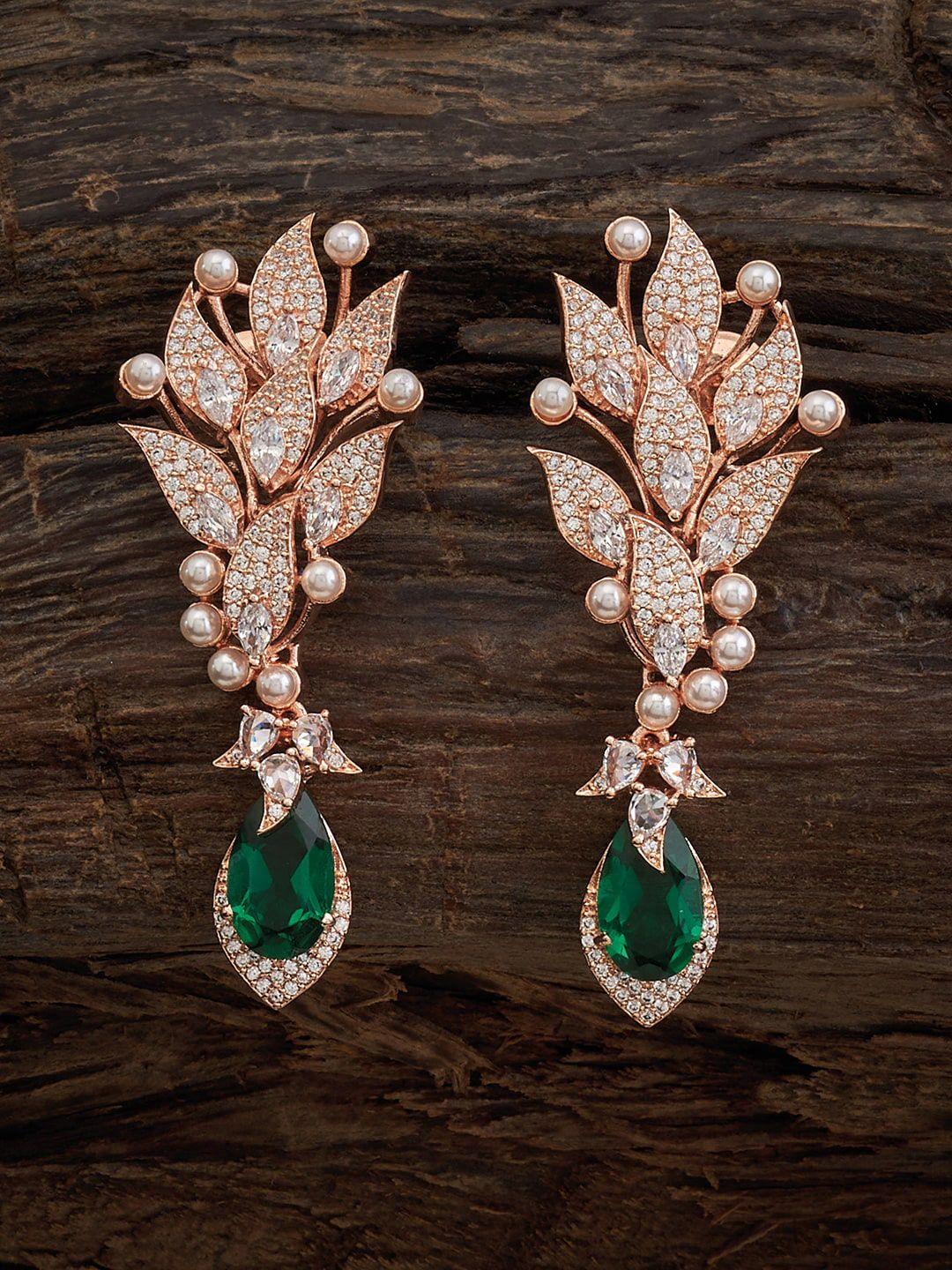 kushal's fashion jewellery green leaf shaped drop earrings