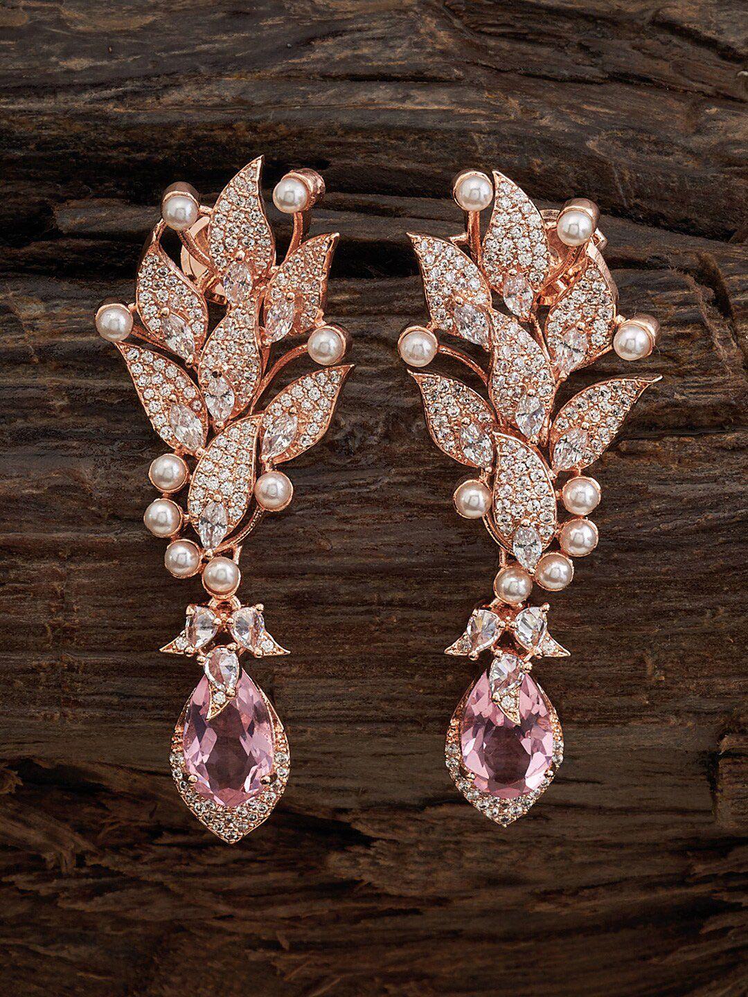 kushal's fashion jewellery pink leaf shaped studs earrings