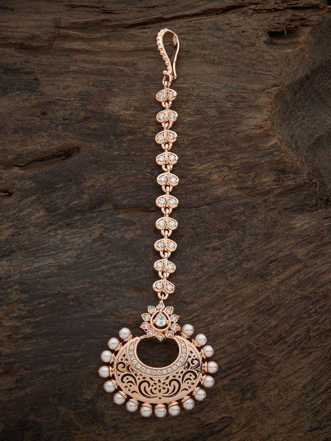 kushal's fashion jewellery rose gold-plated white stone studded & beaded maangtika