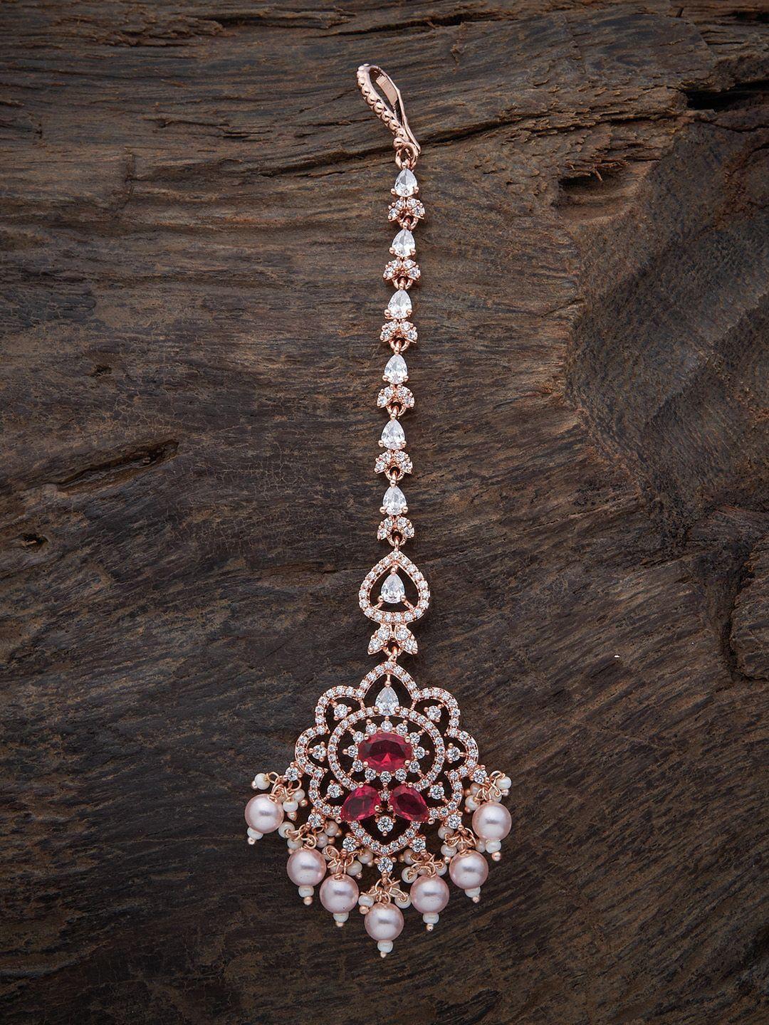 kushal's fashion jewellery women rose gold-plated white & red stone & pearl maangtika