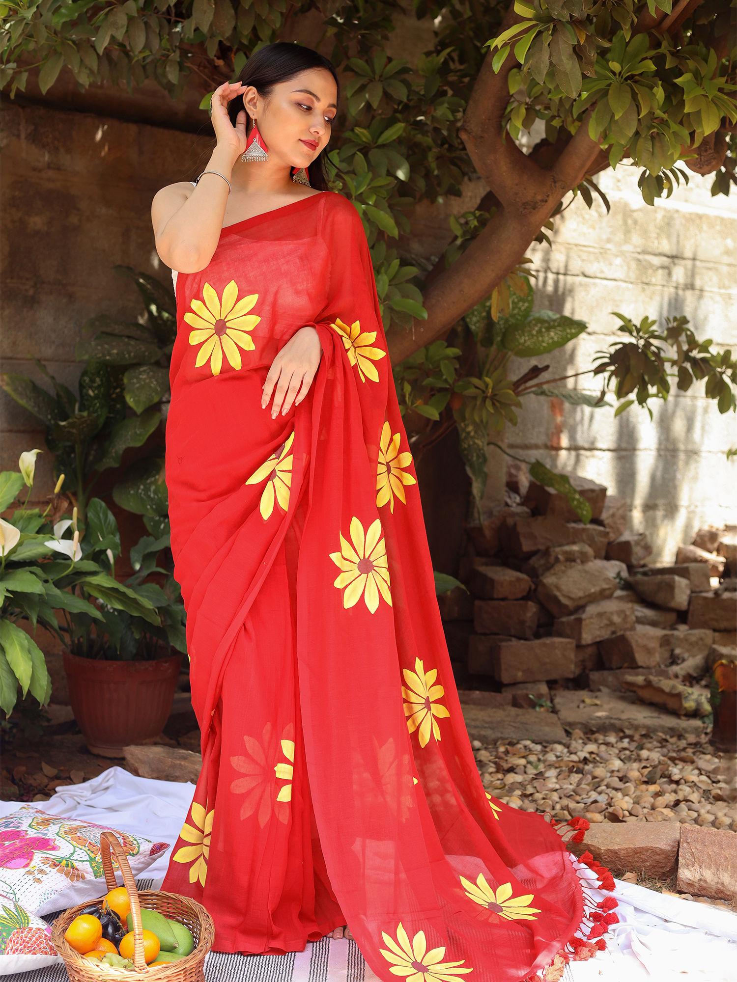 kusuma red mul cotton printed saree