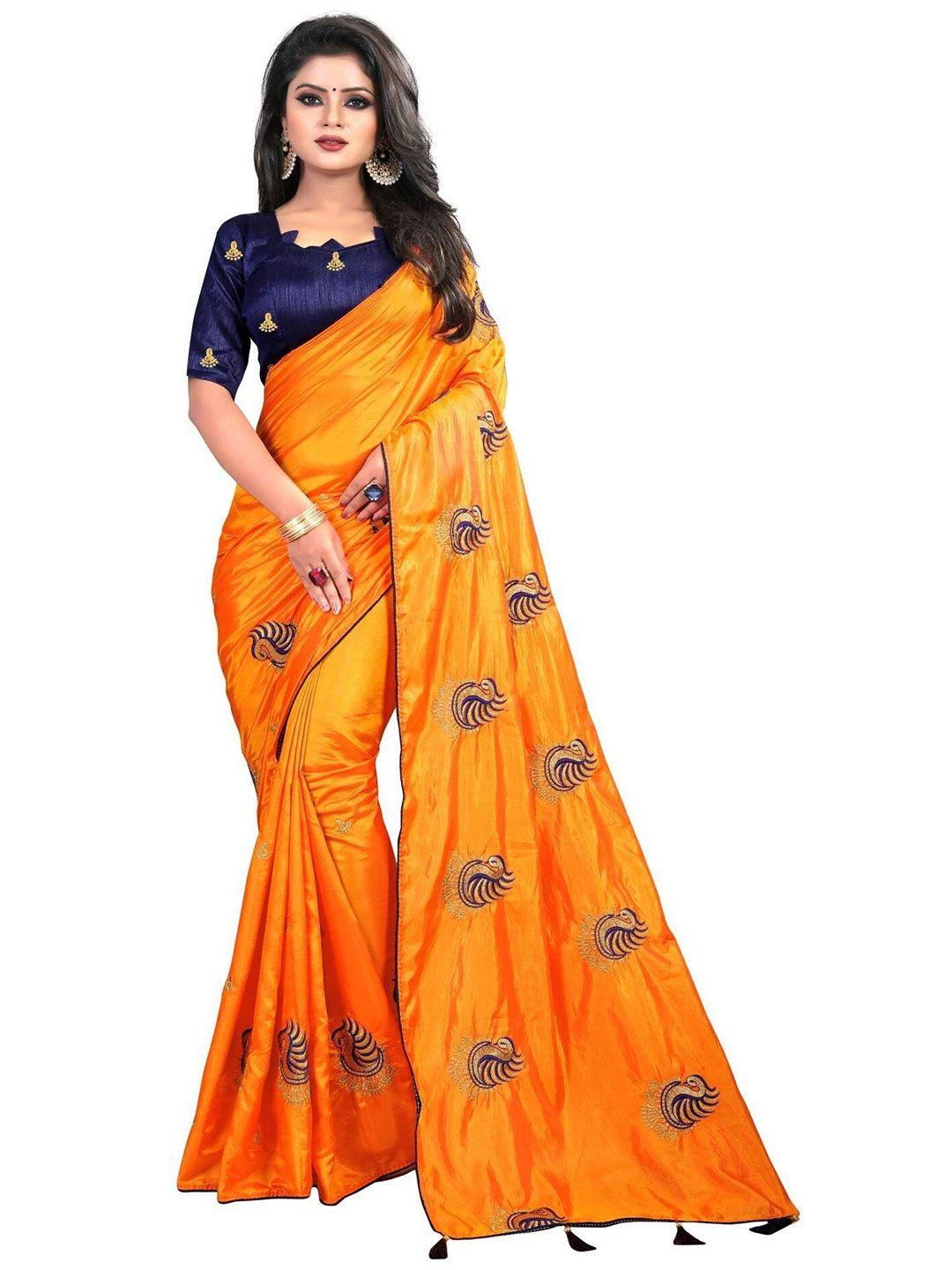 kuvarba fashion orange & gold-toned ethnic motifs embroidered silk blend saree