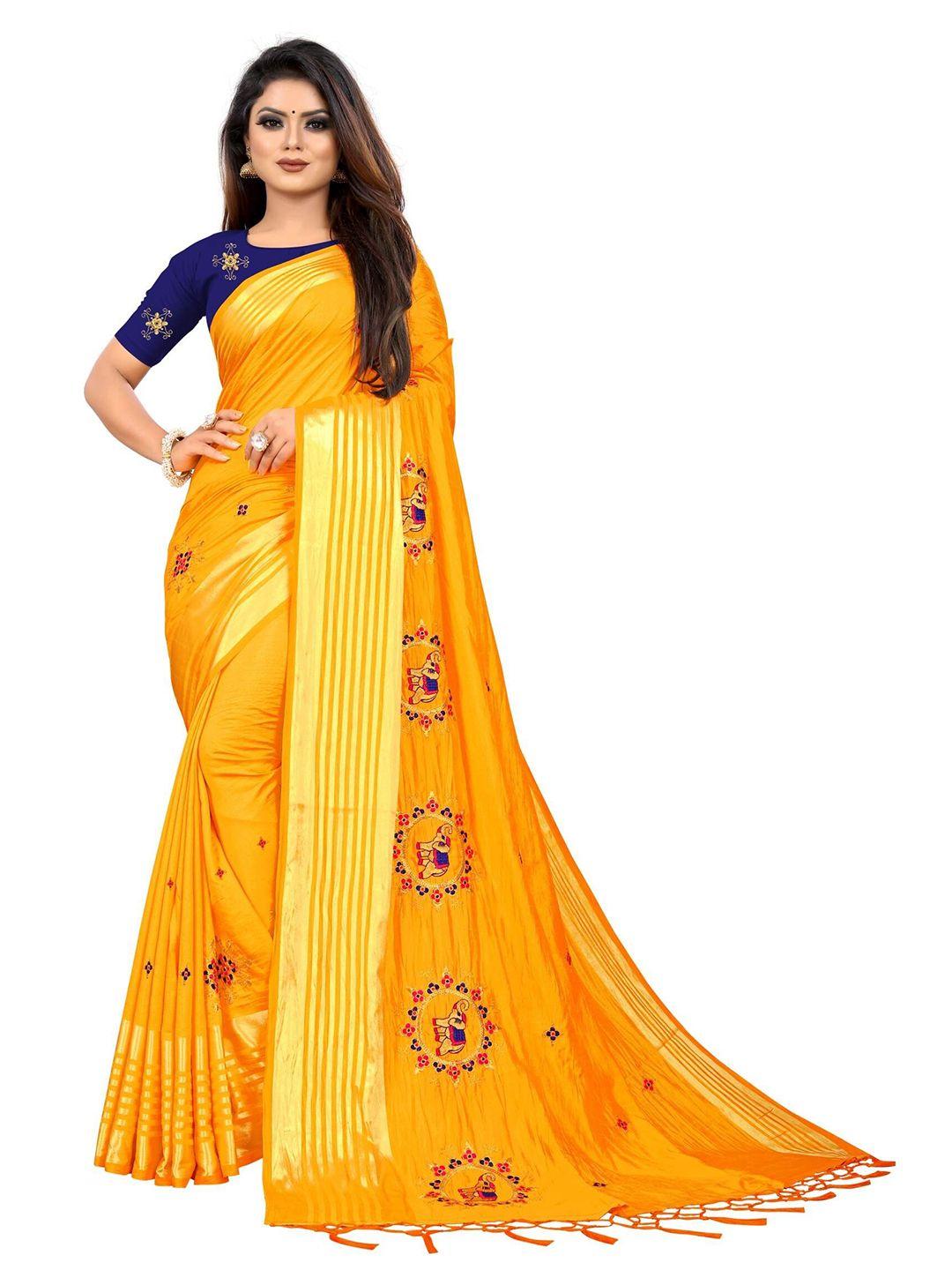 kuvarba fashion orange & gold-toned ethnic motifs zari silk blend saree