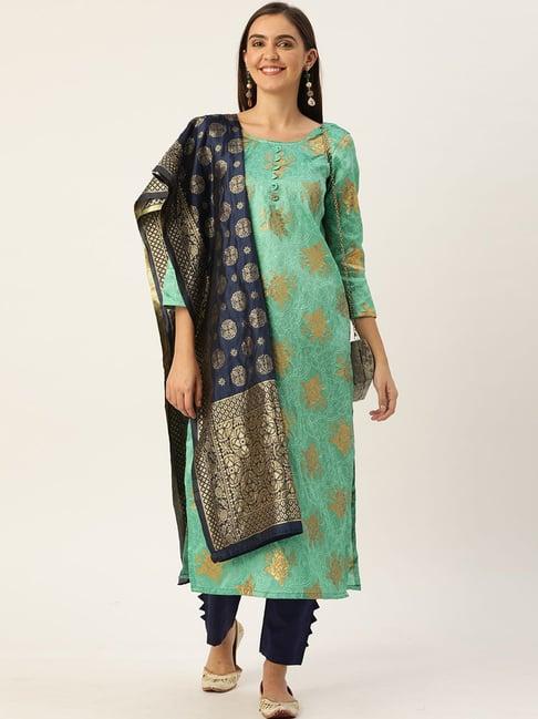 kvs fab green & blue woven pattern unstitched dress material
