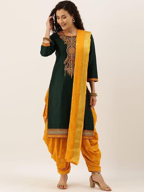 kvs fab green & yellow embroidered unstitched dress material