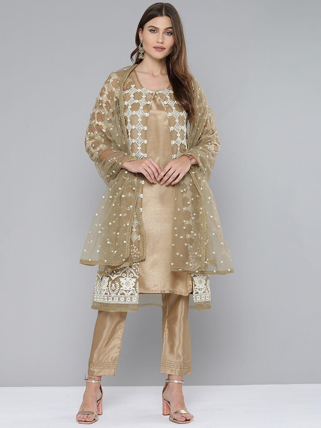 kvsfab beige & off-white net embroidered unstitched dress material