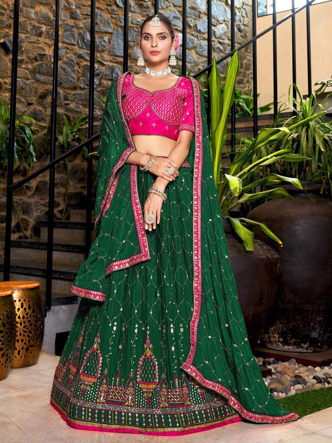 kvsfab green & pink embroidered sequinned semi-stitched lehenga & blouse with dupatta