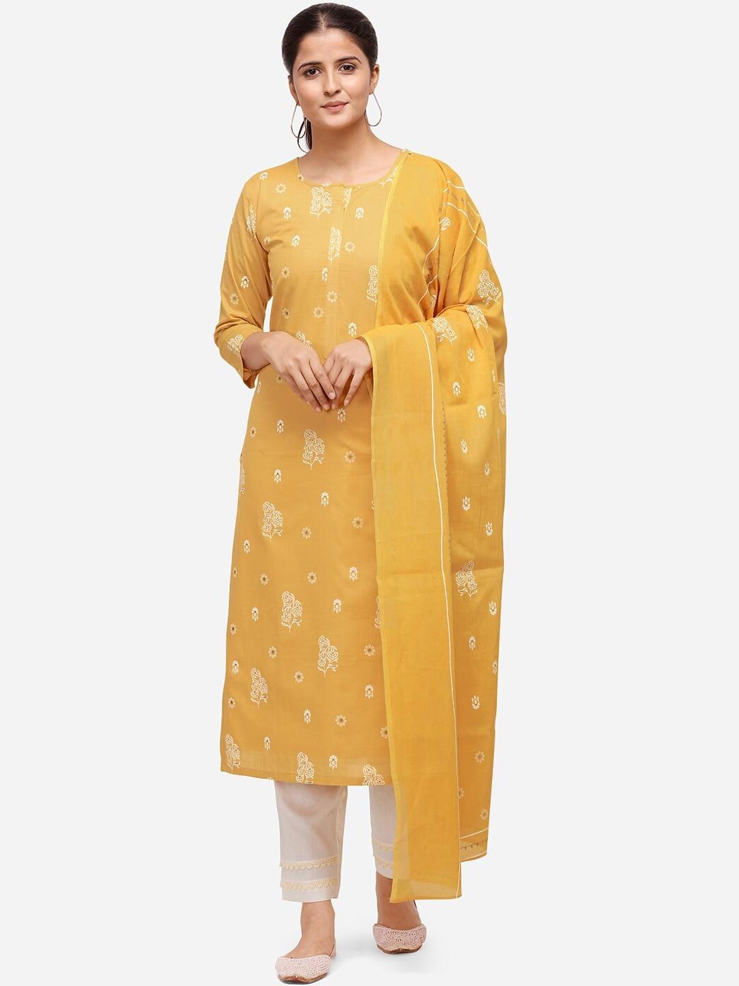 kvsfab mustard yellow & off-white cotton blend unstitched dress material
