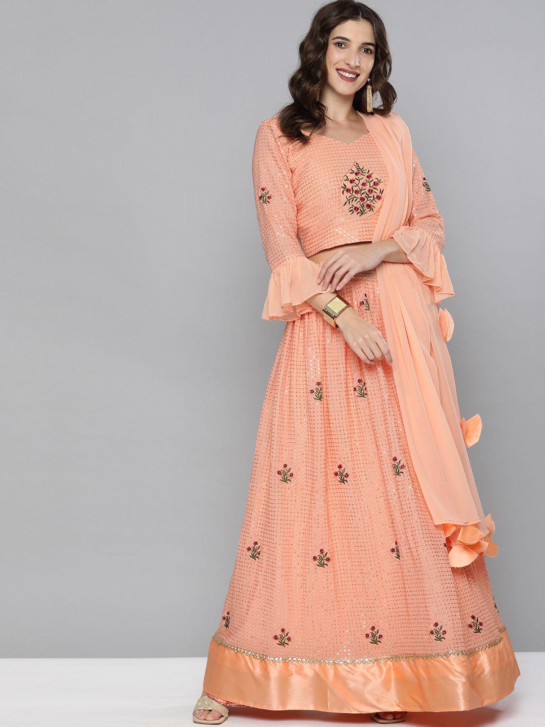 kvsfab peach-coloured & red embroidered sequinned semi-stitched lehenga & unstitched blouse with dupatta