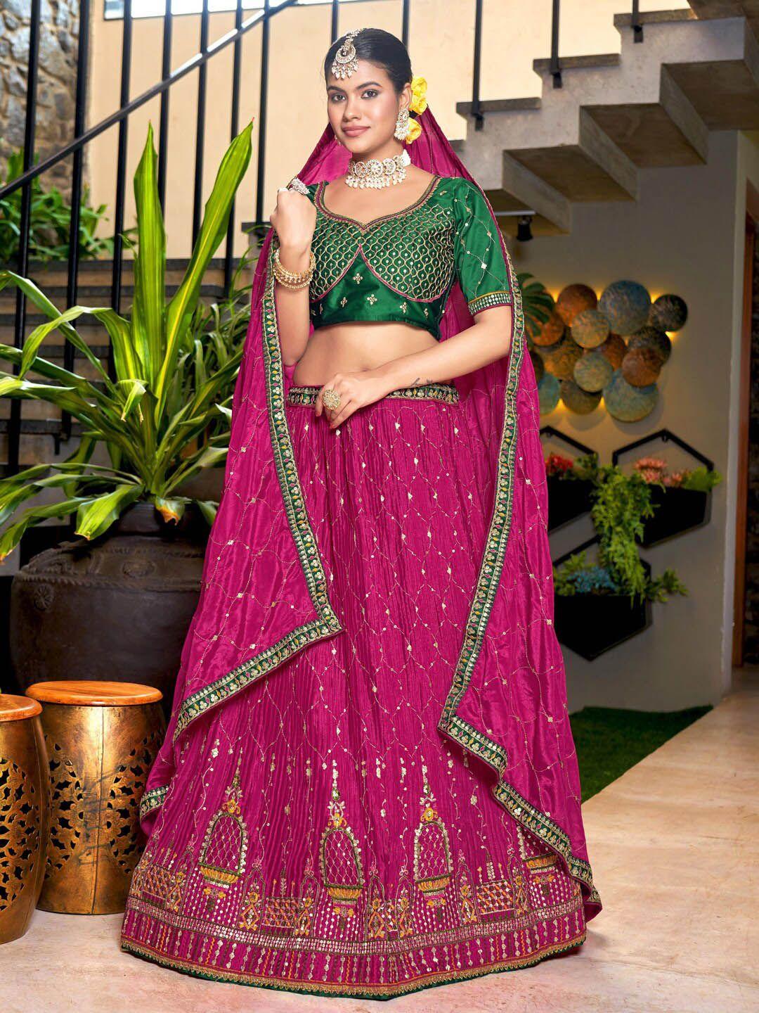 kvsfab pink & green embroidered sequinned semi-stitched lehenga & blouse with dupatta