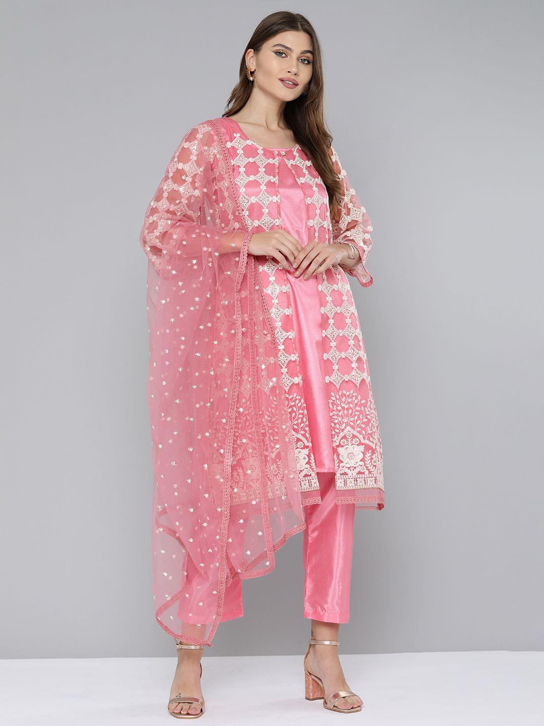 kvsfab pink & off-white net embroidered unstitched dress material