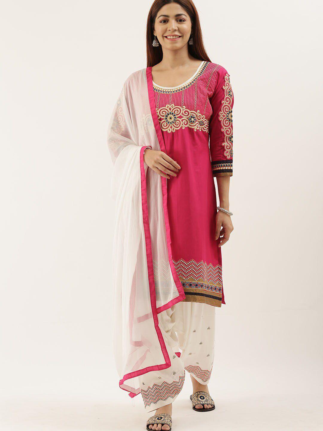 kvsfab pink & white embroidered unstitched dress material
