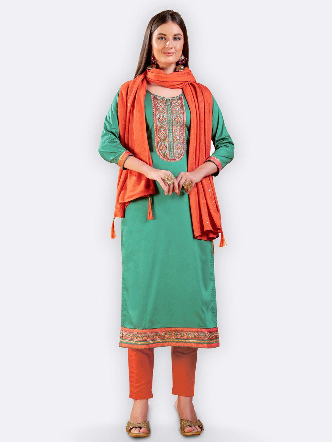 kvsfab sea green & orange embroidered unstitched dress material