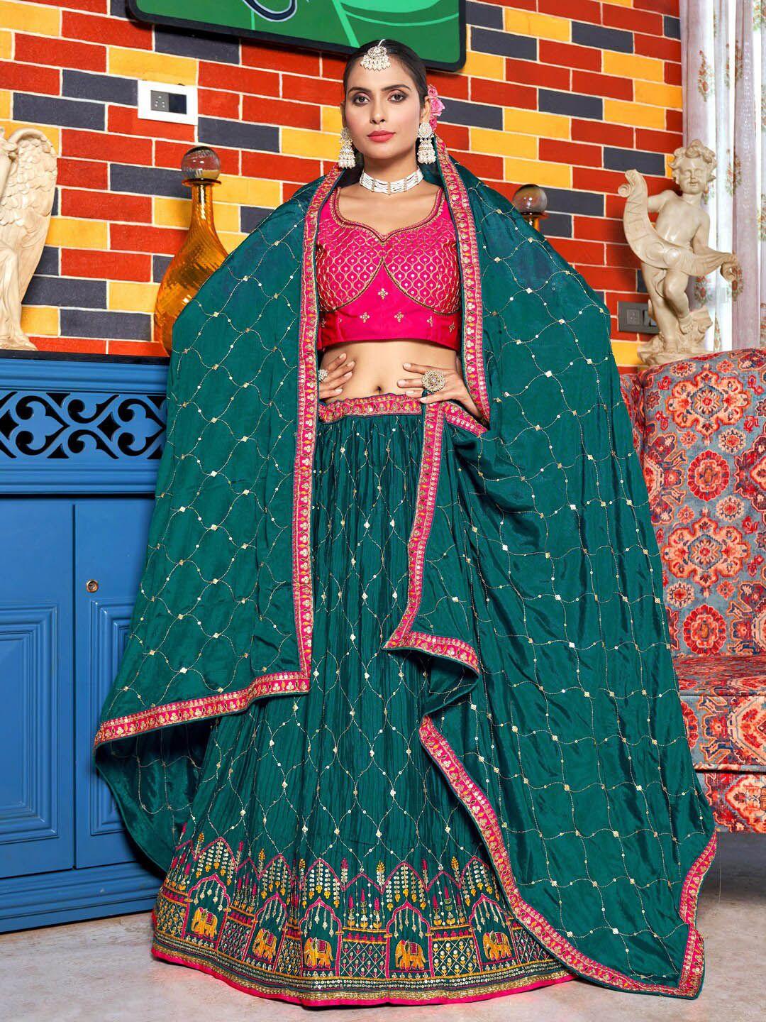kvsfab teal & pink embroidered sequinned semi-stitched lehenga & blouse with dupatta