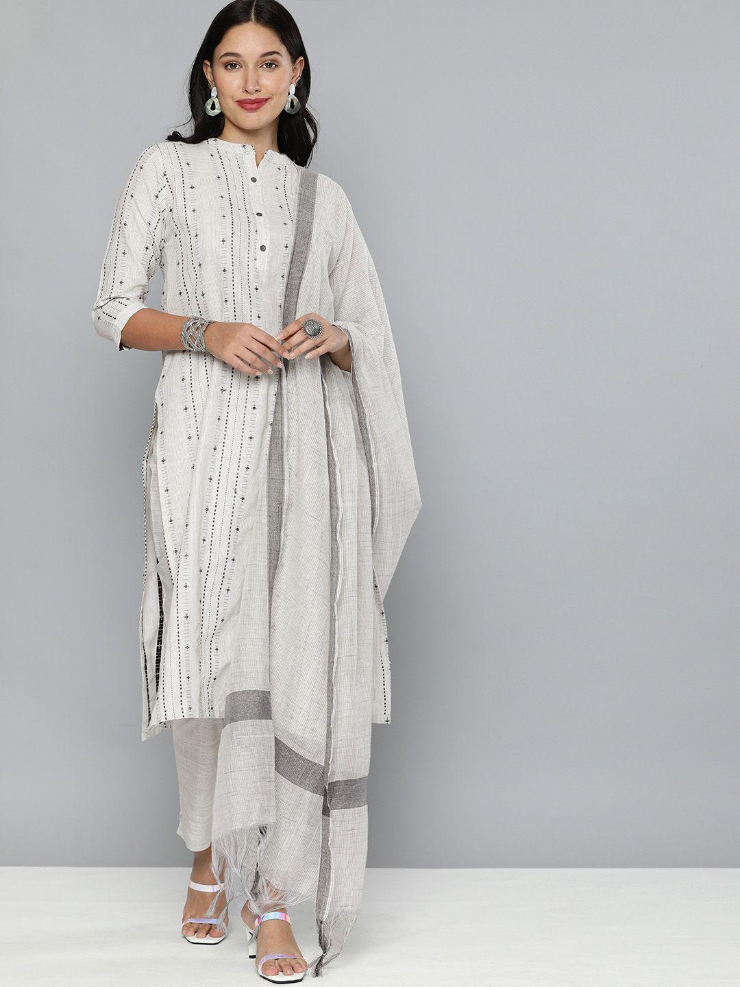 kvsfab white & grey ethnic motif patterned pure cotton unstitched dress material