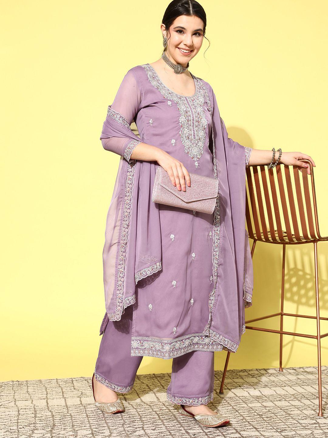 kvsfab women floral yoke design pleated sequinned kurta with trousers & dupatta
