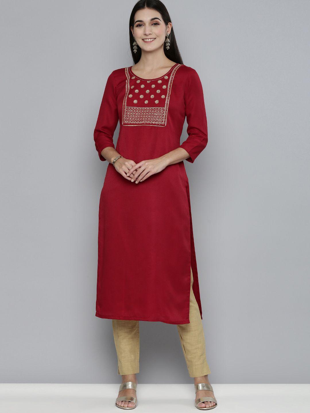 kvsfab women maroon ethnic motifs yoke design thread work kurta