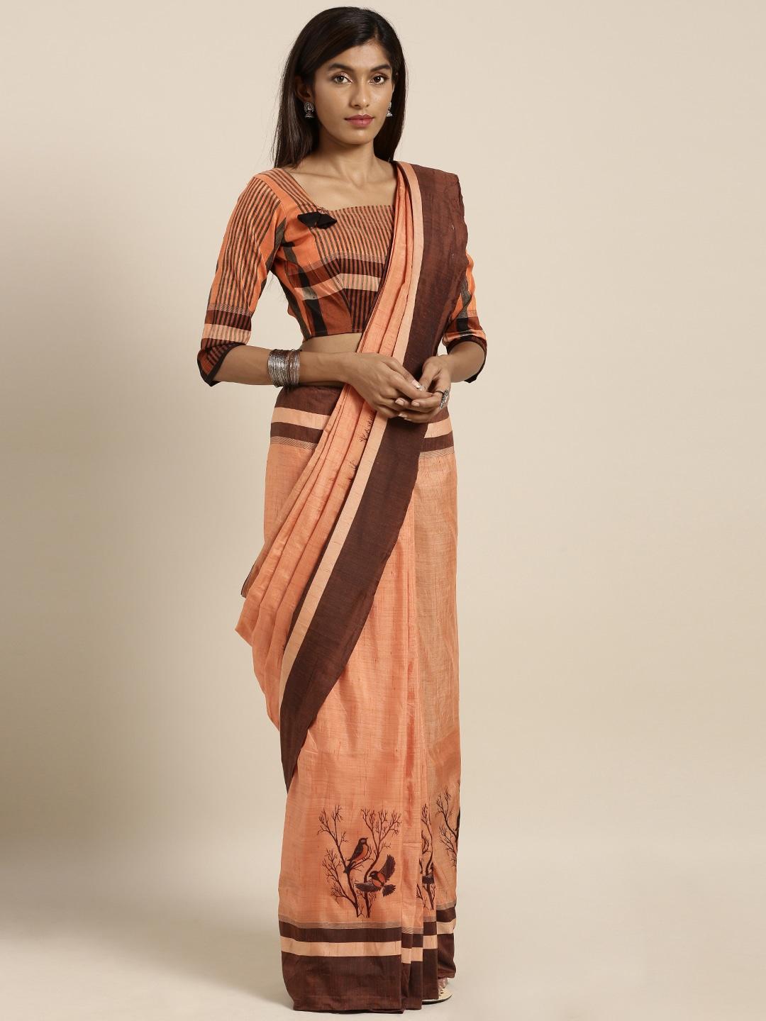 kvsfab women peach-coloured & brown cotton blend printed saree
