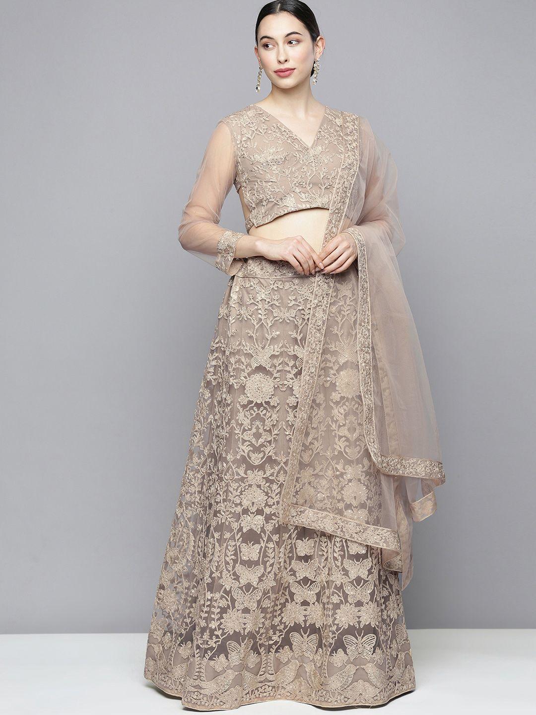 kvsfab beige embroidered sequinned semi-stitched lehenga & unstitched blouse with dupatta