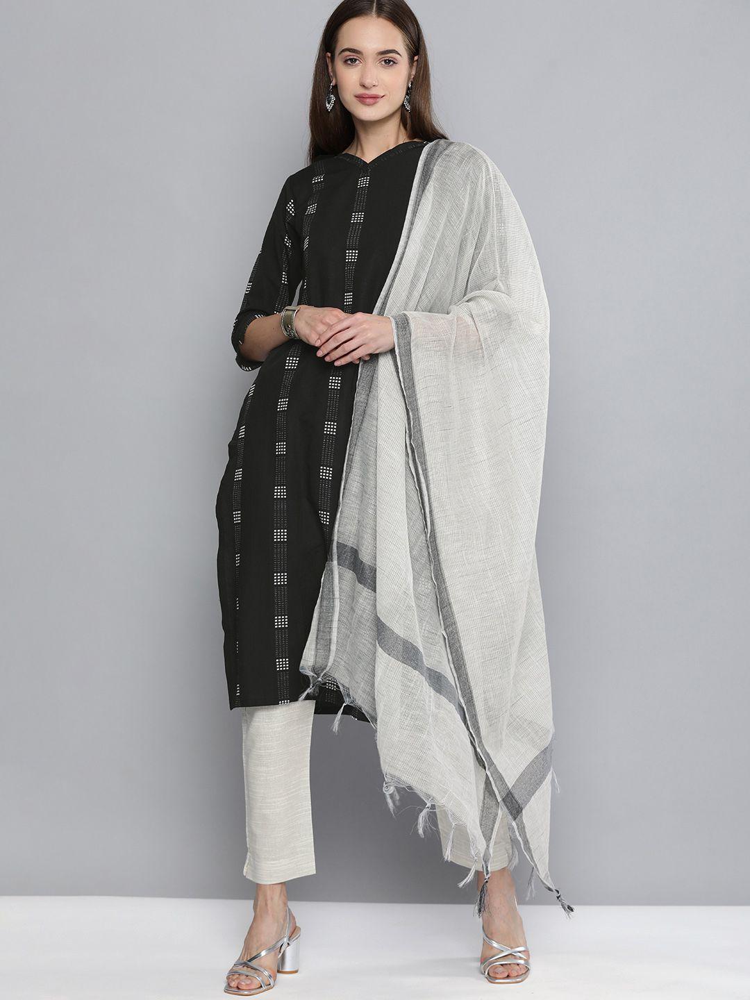 kvsfab black & off white pure cotton handloom unstitched sustainable dress material