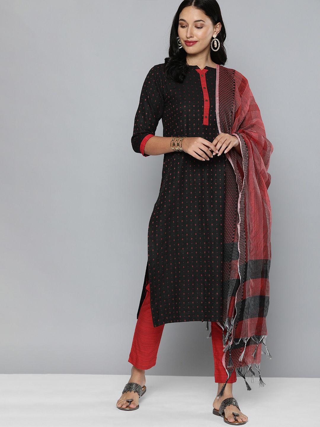 kvsfab black & red ethnic motif patterned pure cotton unstitched dress material