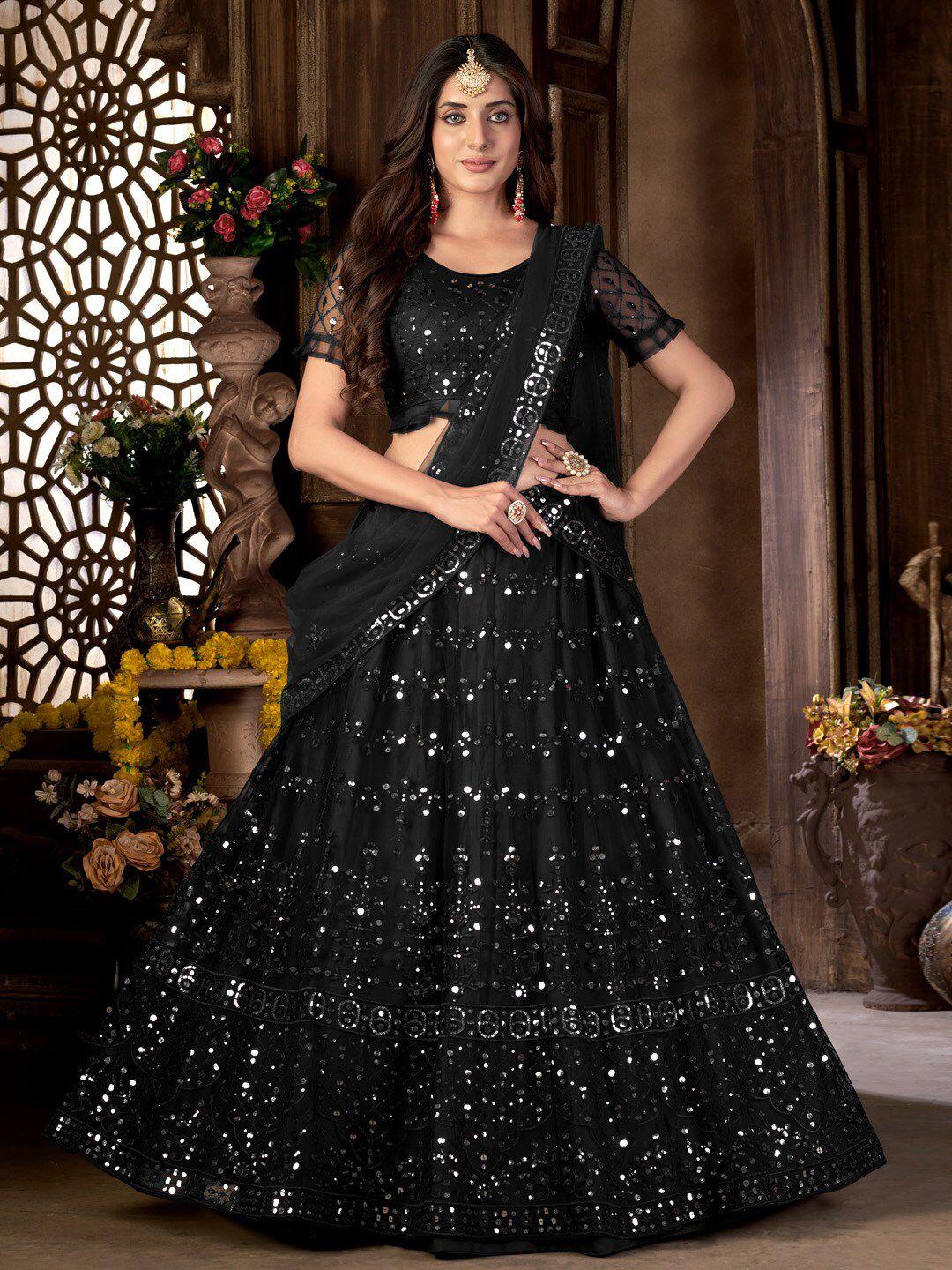 kvsfab black embroidered sequinned semi-stitched lehenga choli with dupatta