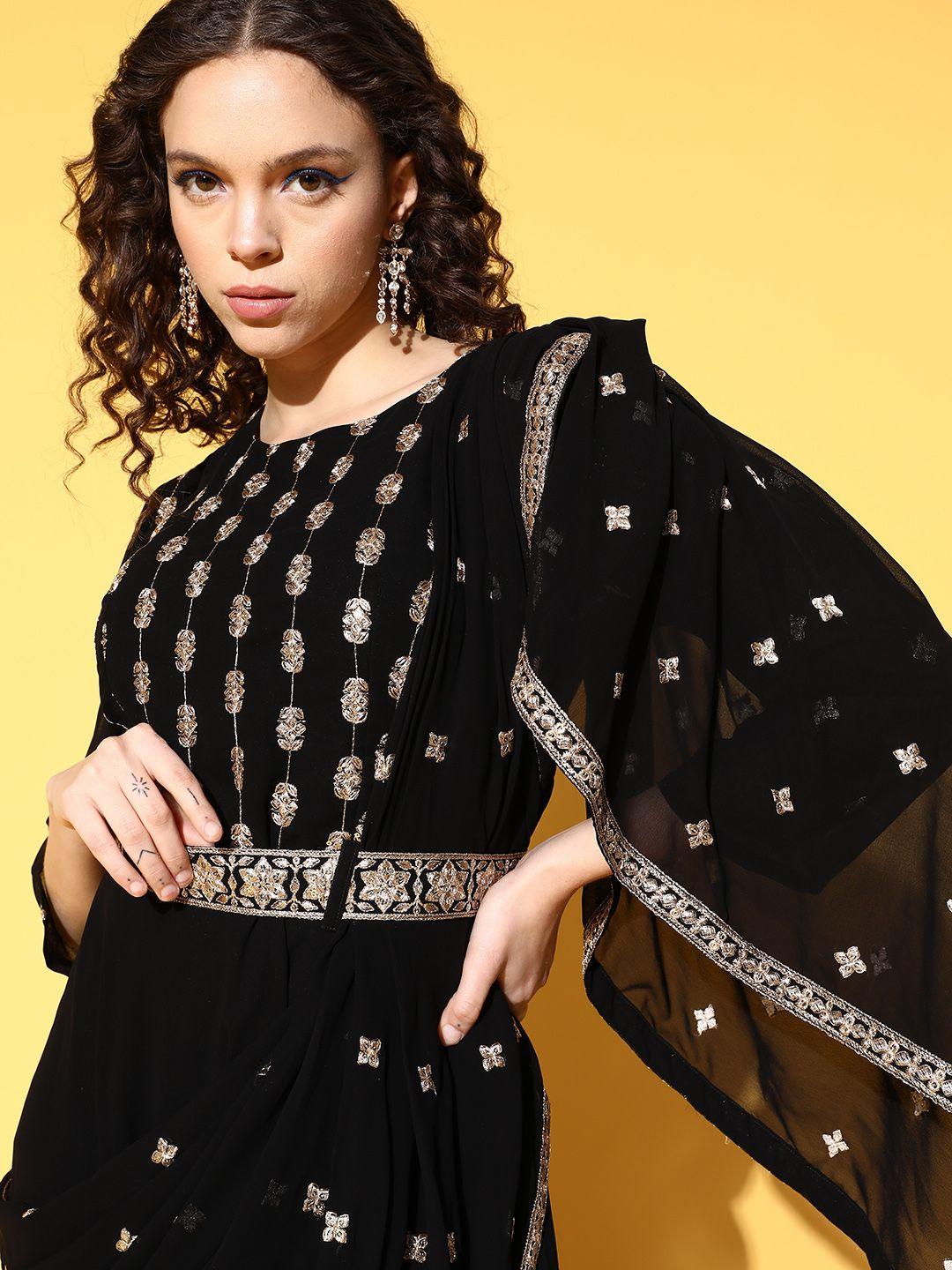 kvsfab black ethnic motifs embroidered georgette maxi dress