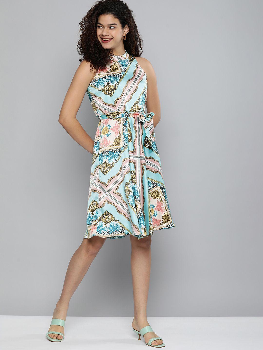 kvsfab blue & pink printed satin finish a-line dress with belt