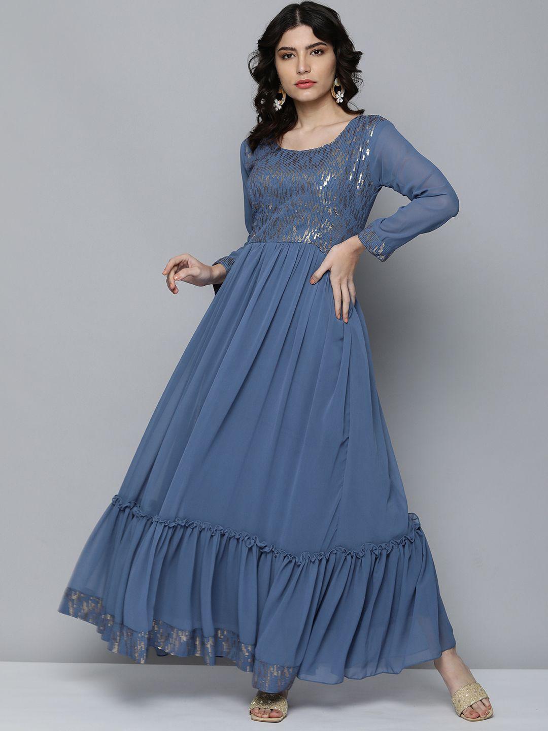 kvsfab blue georgette sequinned ethnic maxi dress