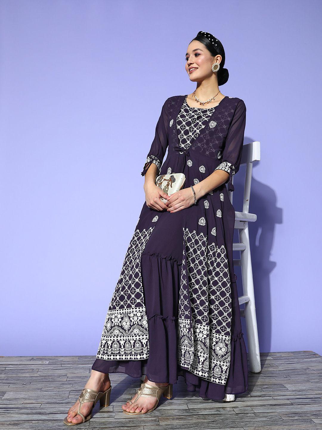 kvsfab checked embroidered layered georgette ethnic gown