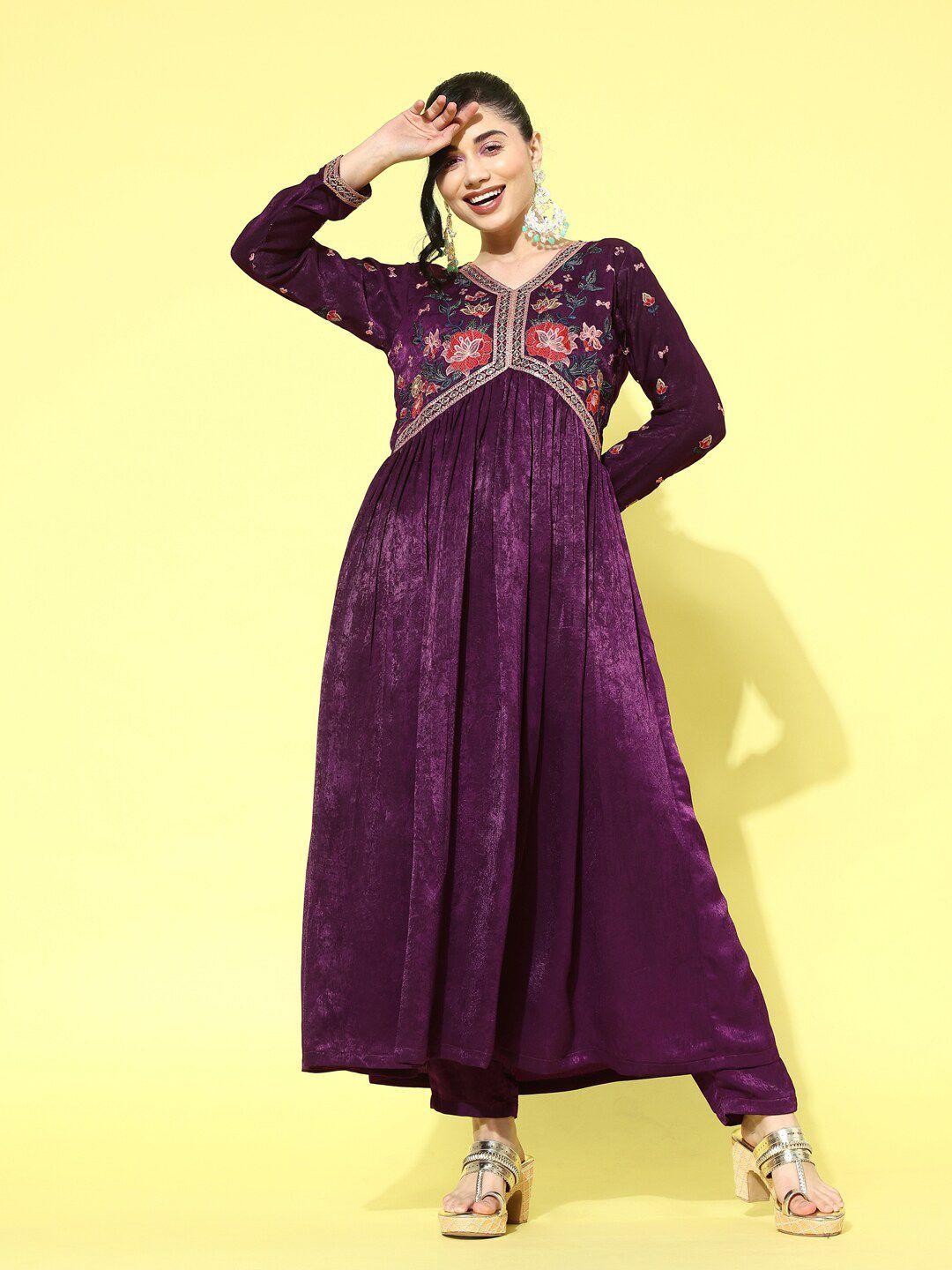 kvsfab floral embroidered v-neck sequinned velvet kurta with trousers