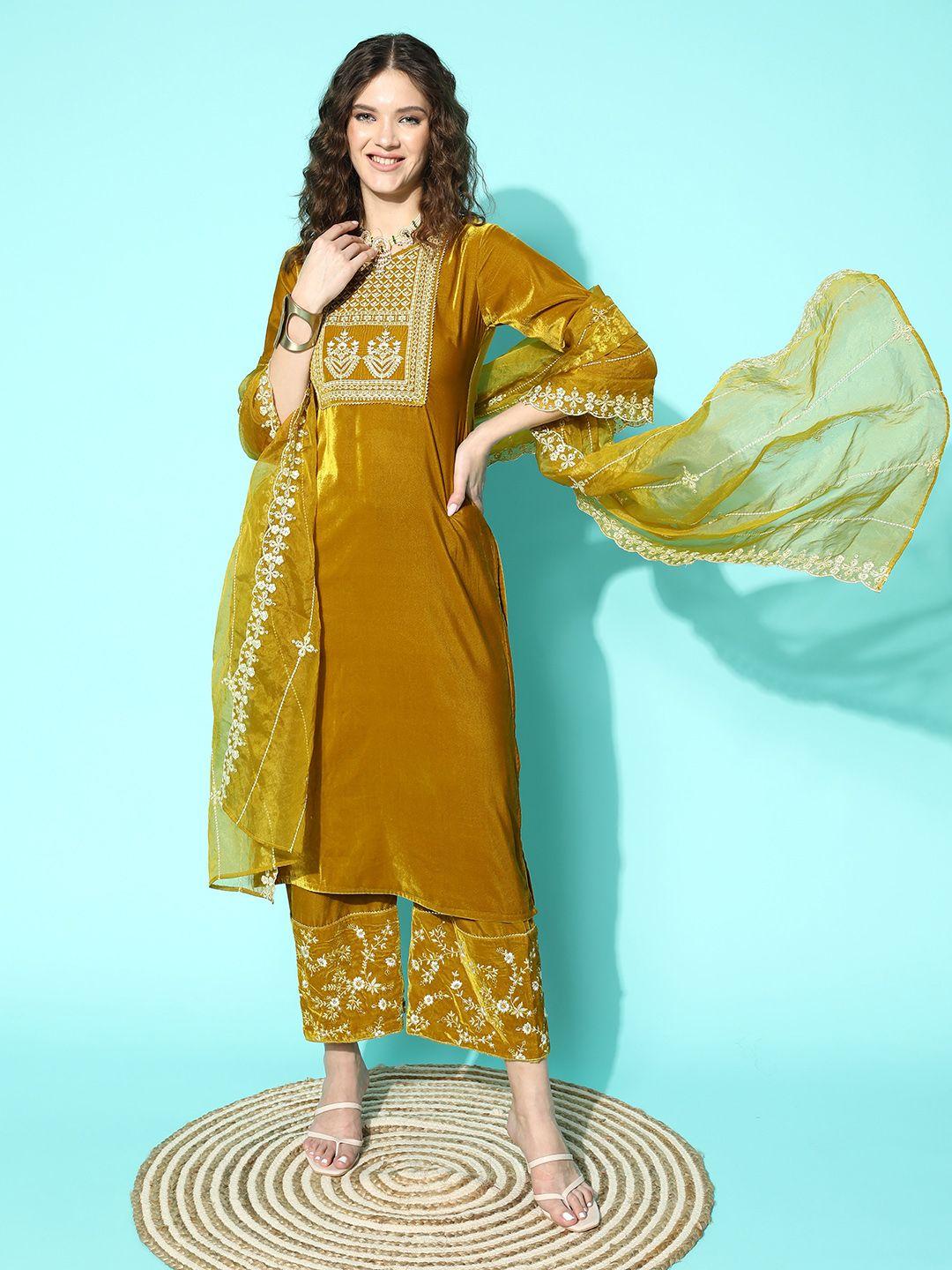 kvsfab floral embroidered velvet kurta with trousers & dupatta