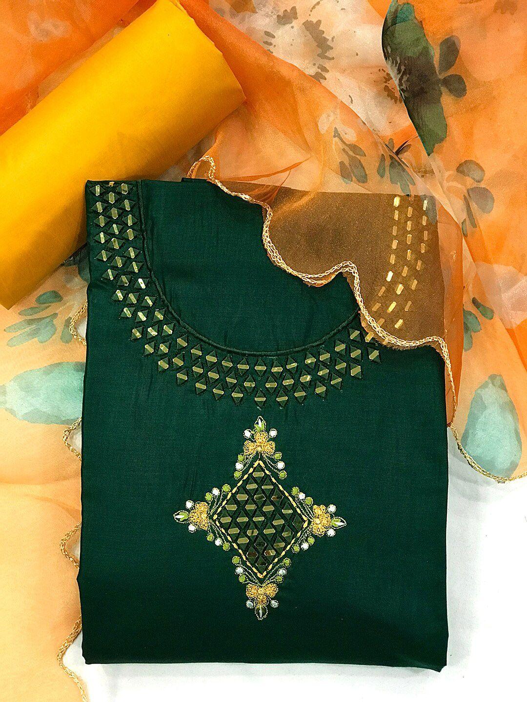 kvsfab green & orange embroidered unstitched dress material