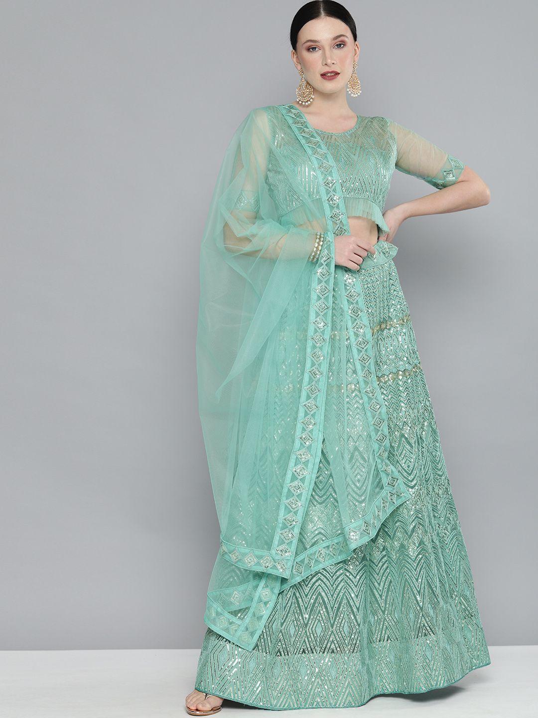 kvsfab green & silver-toned embellished sequinned semi-stitched lehenga & unstitched blouse with dupatta