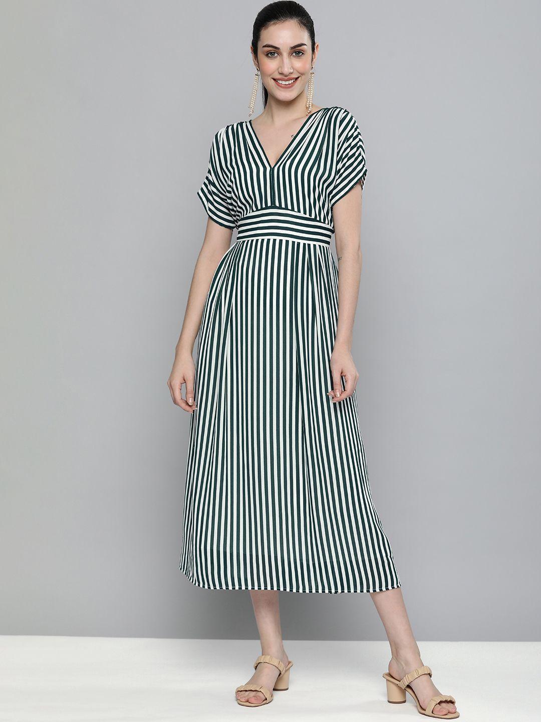 kvsfab green & white  striped sustainable georgette a -line dress
