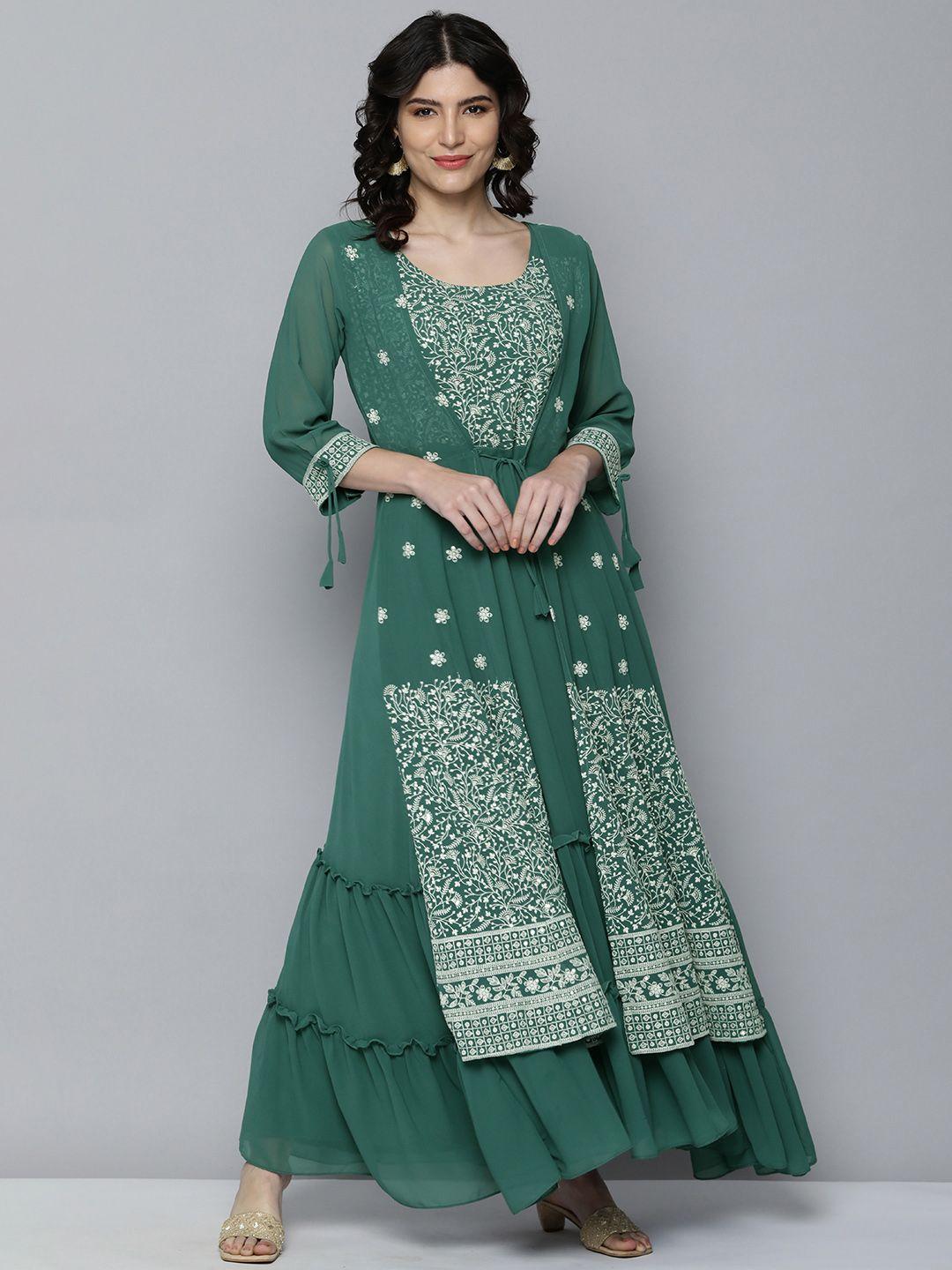kvsfab green georgette embroidered layered ethnic maxi dress