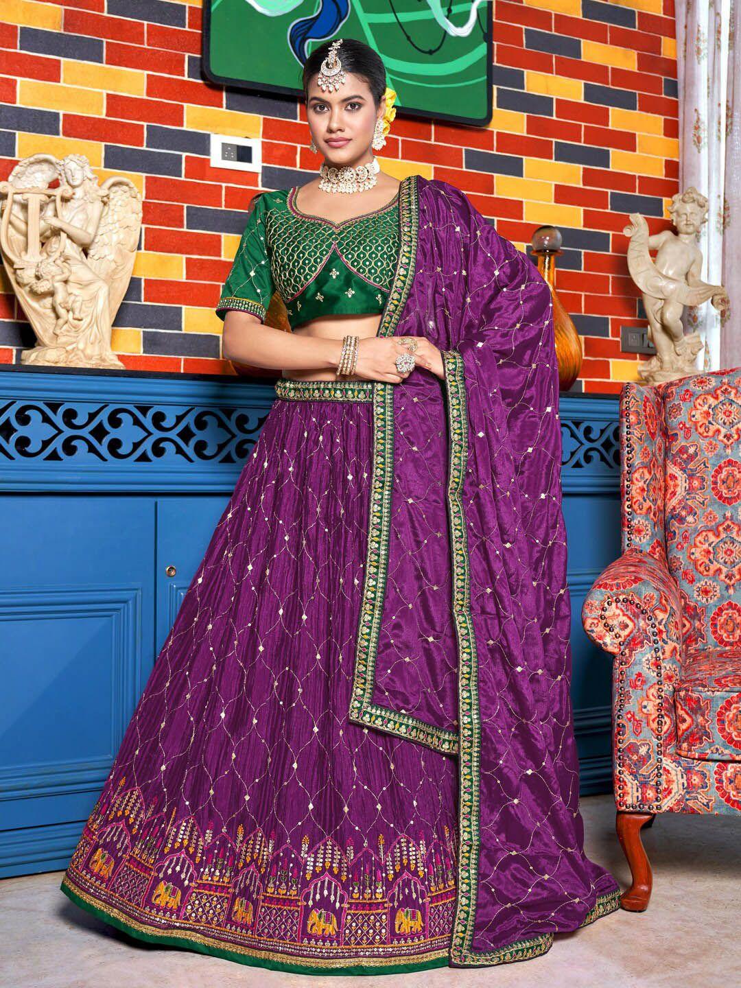 kvsfab magenta & green embroidered sequinned semi-stitched lehenga & blouse with dupatta