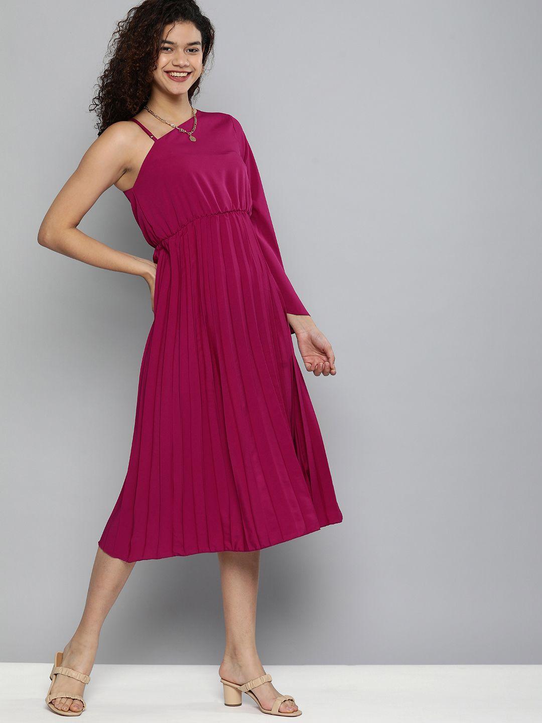 kvsfab magenta solid accordion pleats one shoulder crepe a-line dress